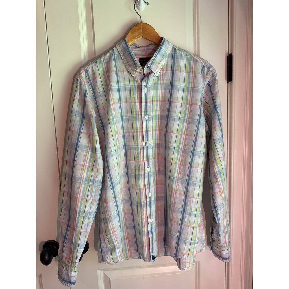 UNTUCKit Mens Large Cotton Plaid Button Down Shirt Pastel Green Blue Orange L